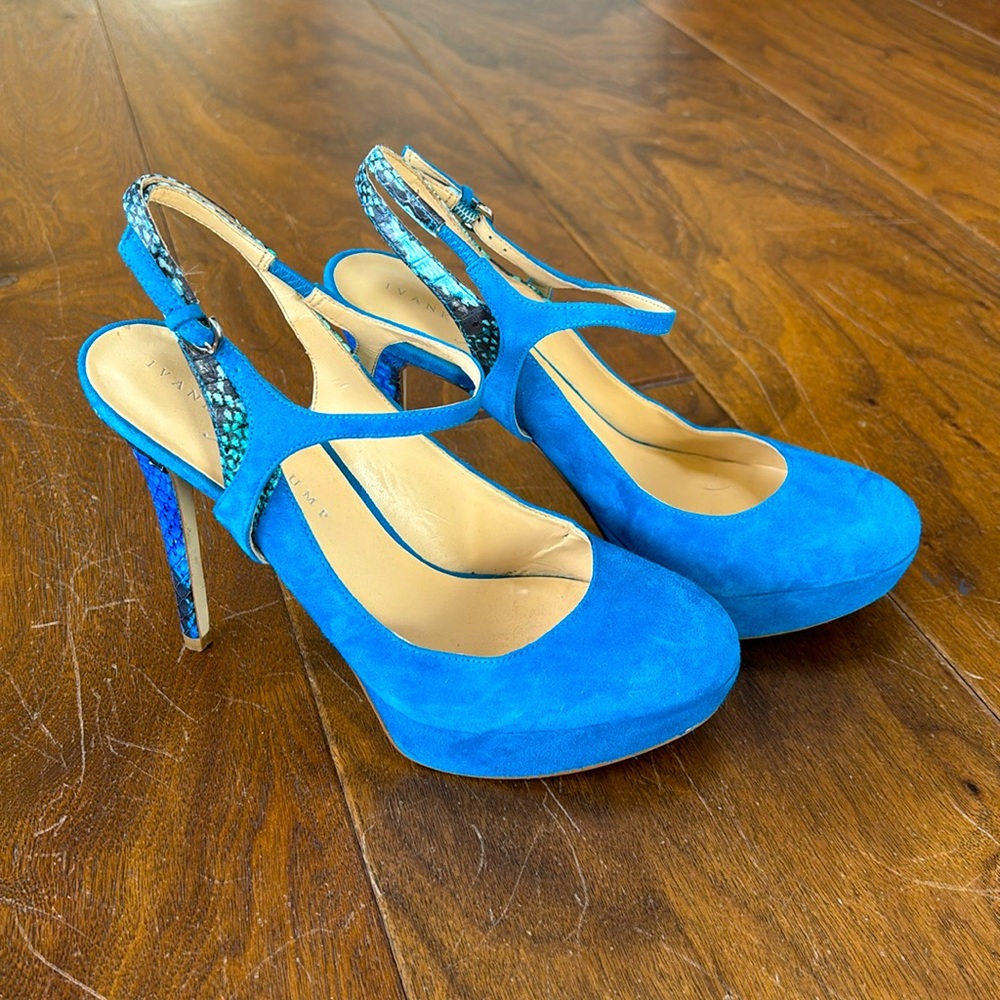 Ivanka Trump Peacock Blue Suede & Snakeskin Platform Slingback Heels Size 8.5